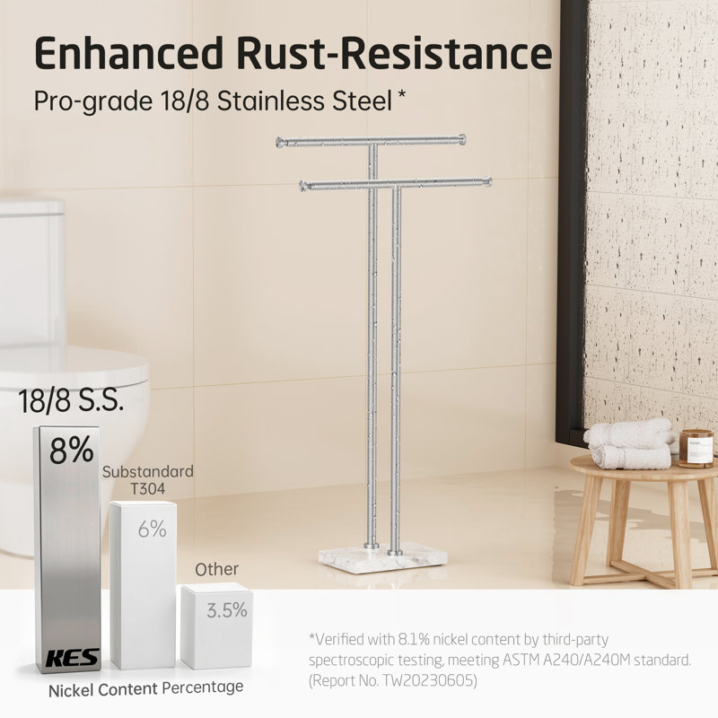KES Free Standing Towel Rack Adjustable 44% Wider, Towel Stand for Bathroom Floor with 3X Thick Weighted Natural Marble Base, 18/8 Stainless Steel, Brushed Finish