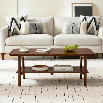 Wooden Coffee Table with Storage Shelf, Mid-Century Rectangular Center Table for Living Room,Walnut Brown