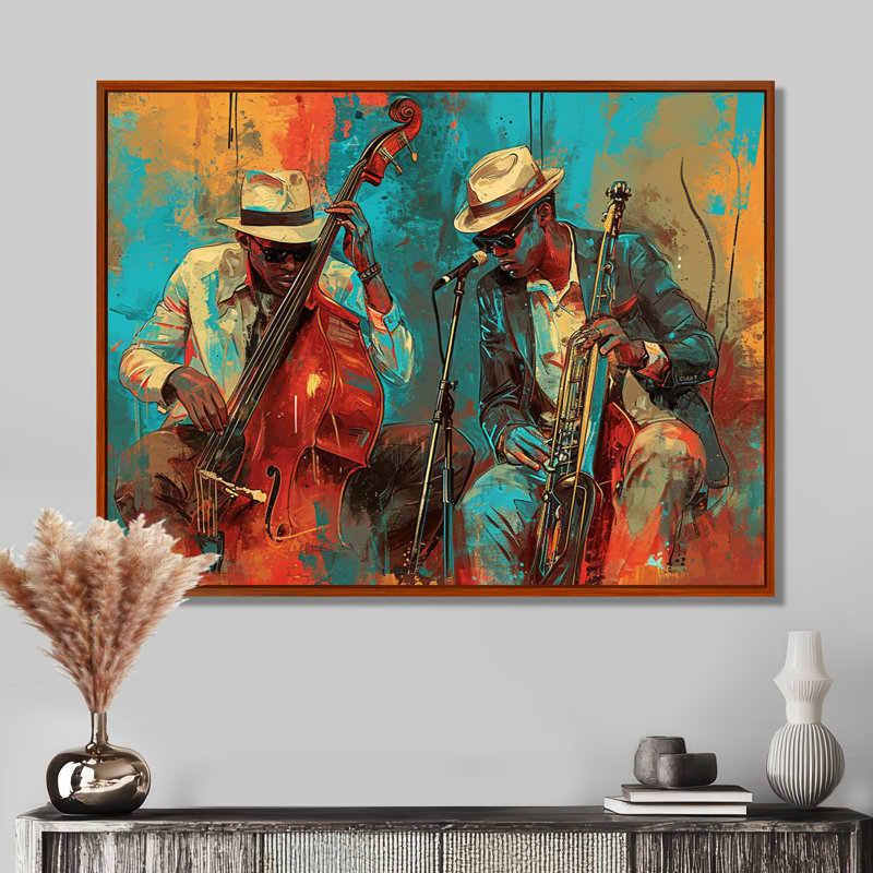 «2 Musiciens - Musicien», reproduction d'art mural, Toile avec cadre flottant brun, H 12 po x l 20 po x P 1 po