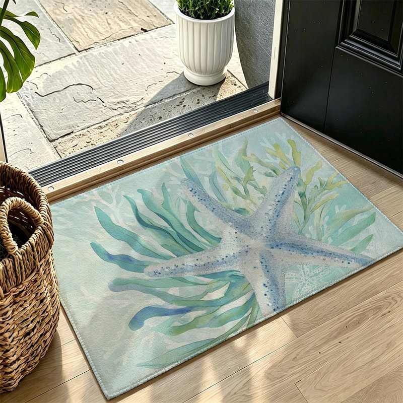 Tapis de sol botanique bleu sarcelle clair à motif de feuilles 47" x 31"