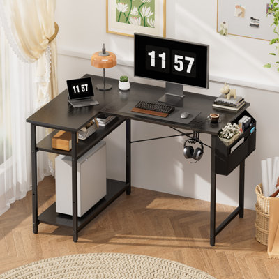 44" office computer desk with 1 large storage pocket and 2 adjustable shelves, space-saving corner desk for home, home office and office, with headpho by Inbox Zero
