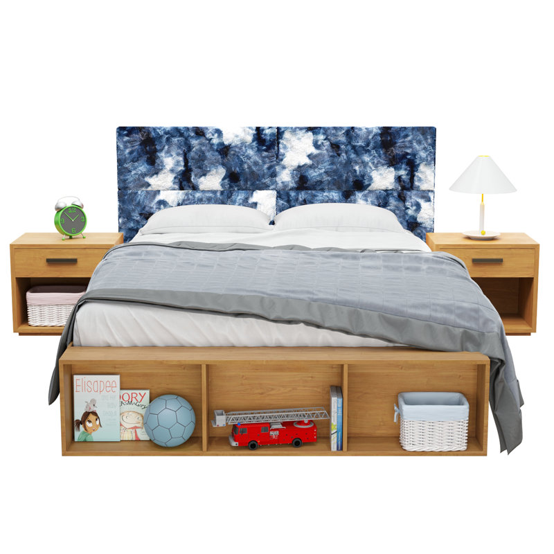 Upholstered Padded Headboard - Wall Mounted Panels, Full/Queen, Dark Blue/White