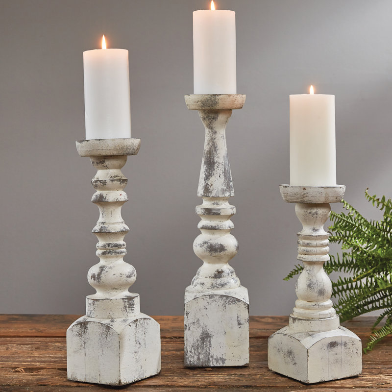 12'' H Wood Tabletop Candlestick, White