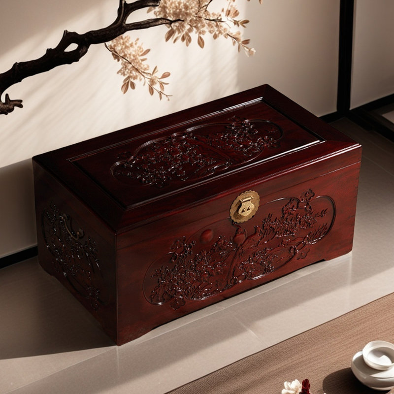 Hand-Carved Solid Wood Small Accent Trunk, Tan