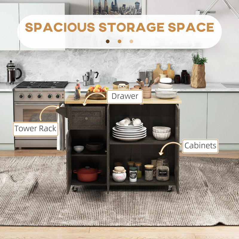 Triple-Cabinet Rolling Kitchen Island On Wheels, Kitchen Cart With Storage Shelf Adjustment, Rolling Utility Cart With Wood Top, Towel Rack, Big Drawer