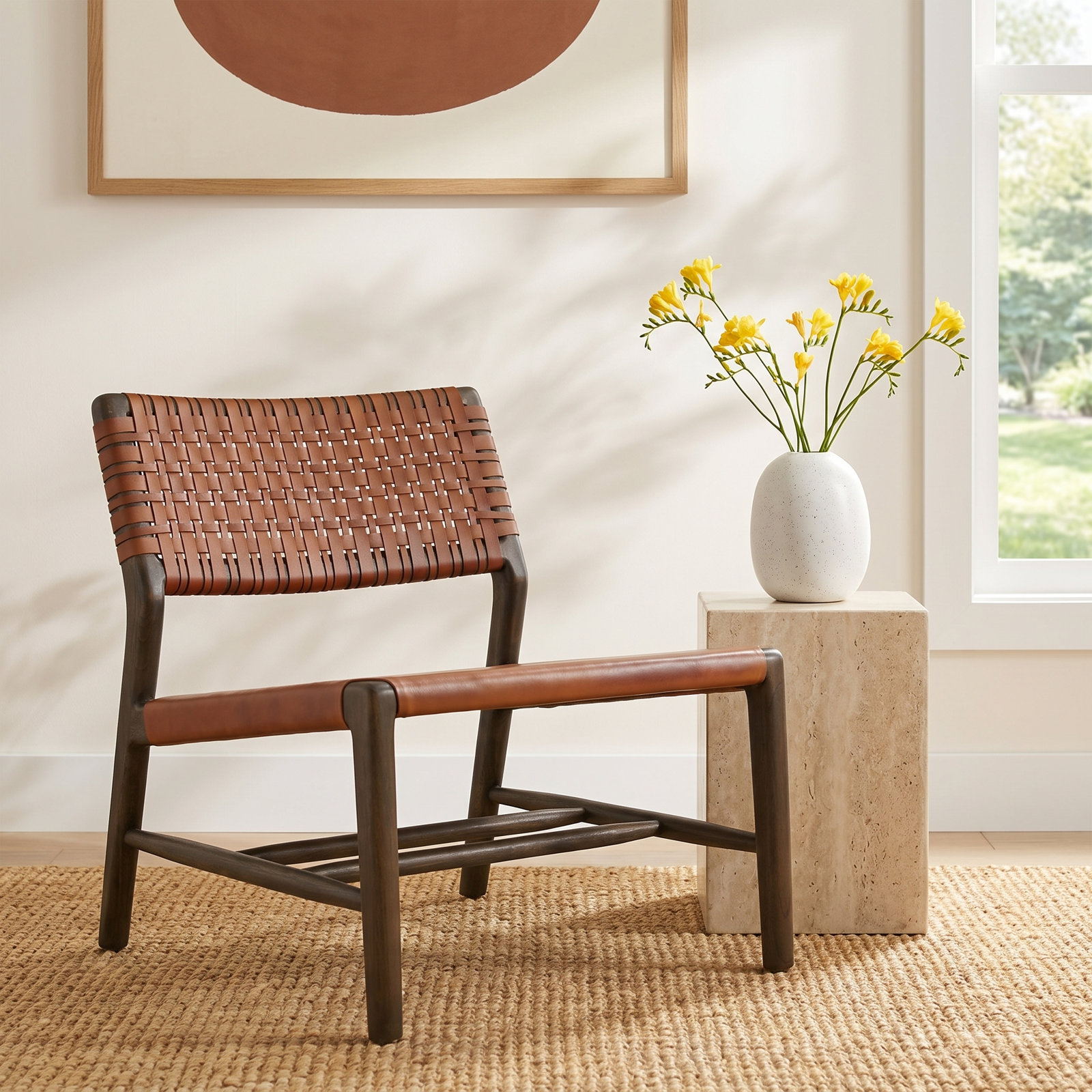 Genuine Leather Accent Chair, Walnut, Brown Leather
