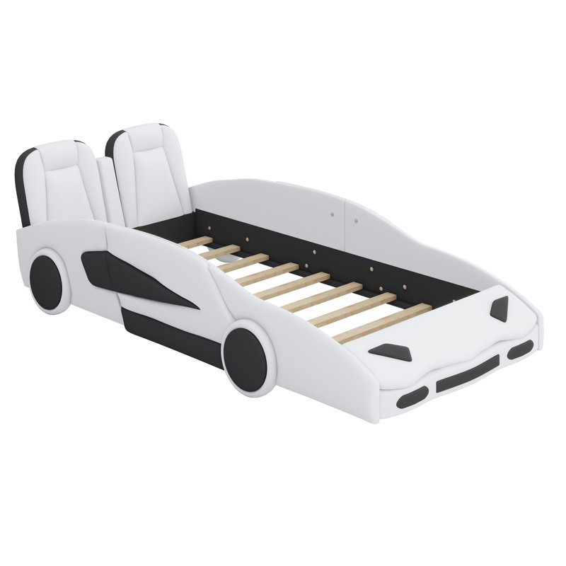 Race Car-Shaped Platform Bed With Wheels, White