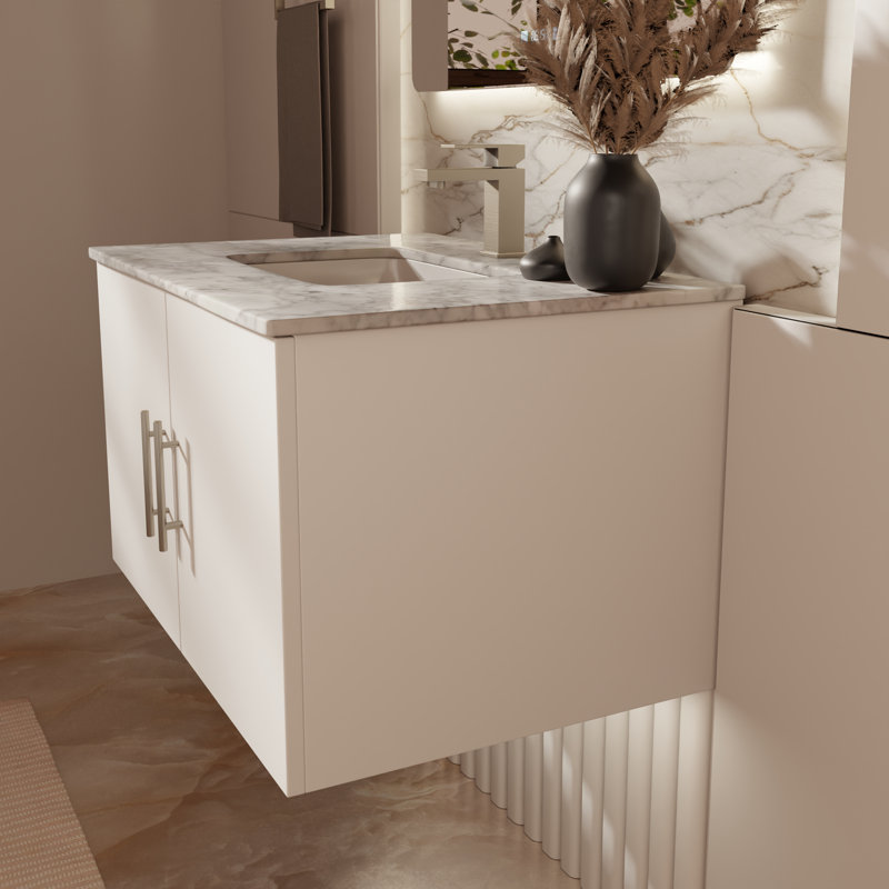 Geneva 30" Wall-Mounted Single Bathroom Vanity Set, Glossy White, White Carrara Marble
