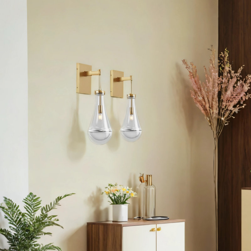 Two Brass-gold Modern Raindrop Glass Wall Lamps, Antique Brass, 2 Lights