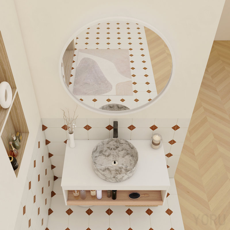 Meuble-lavabo flottant de 36 po avec lavabo vasque en marbre veiné gris, meuble-lavabo mural avec tablette ouverte, finition blanche avec décor en bois, conception moderne peu encombrante (livré dans 2 boîtes)
