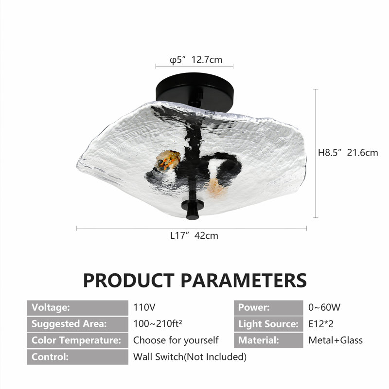 Plafonnier semi-encastré 2 lumières avec abat-jour en verre ondulé, Noir mat