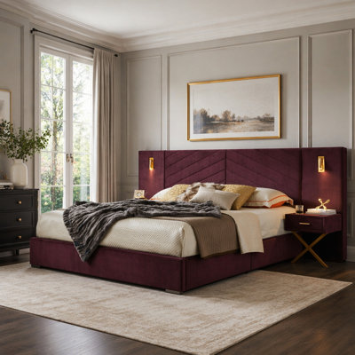 King Size Velvet Bed Frame/Vertical Channel Tufted Wingback Headboard/Upholstered Platform Bed/Strong Wooden Slats/No Box Spring Needed/Easy Assembly