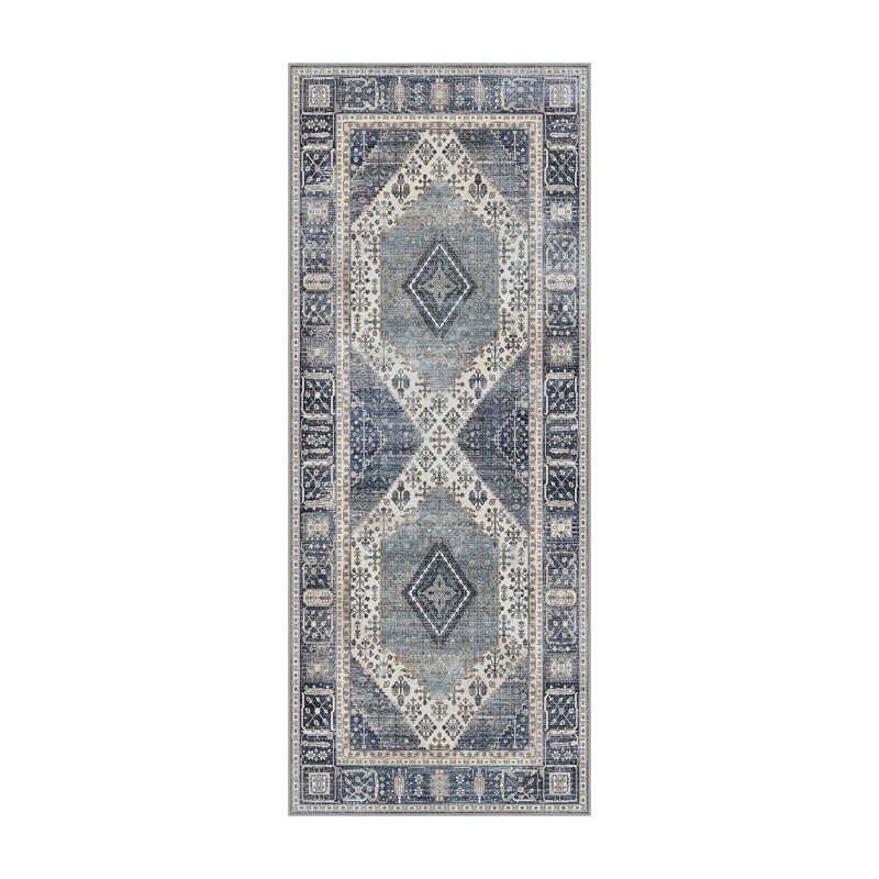 Oriental Machine Washable Blue Area Rug, Runner 60 x 120 cm