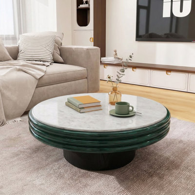 39.4'' Modern Round Coffee Table, Marble Top with High-gloss Lacquer Green Finish, Solid Black Wood Base, Luxury Living Room Center Table for Apartment & Office