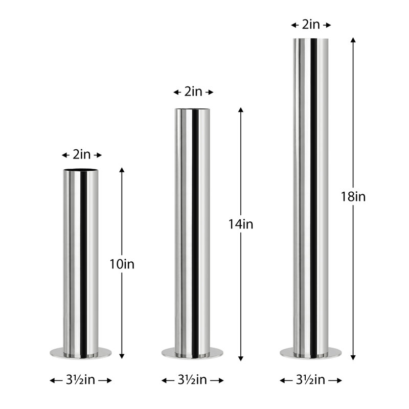  Hatcher Set of 3 Handmade Silver Stainless Steel Cylinder Vases (10", 14", 18"), Silver