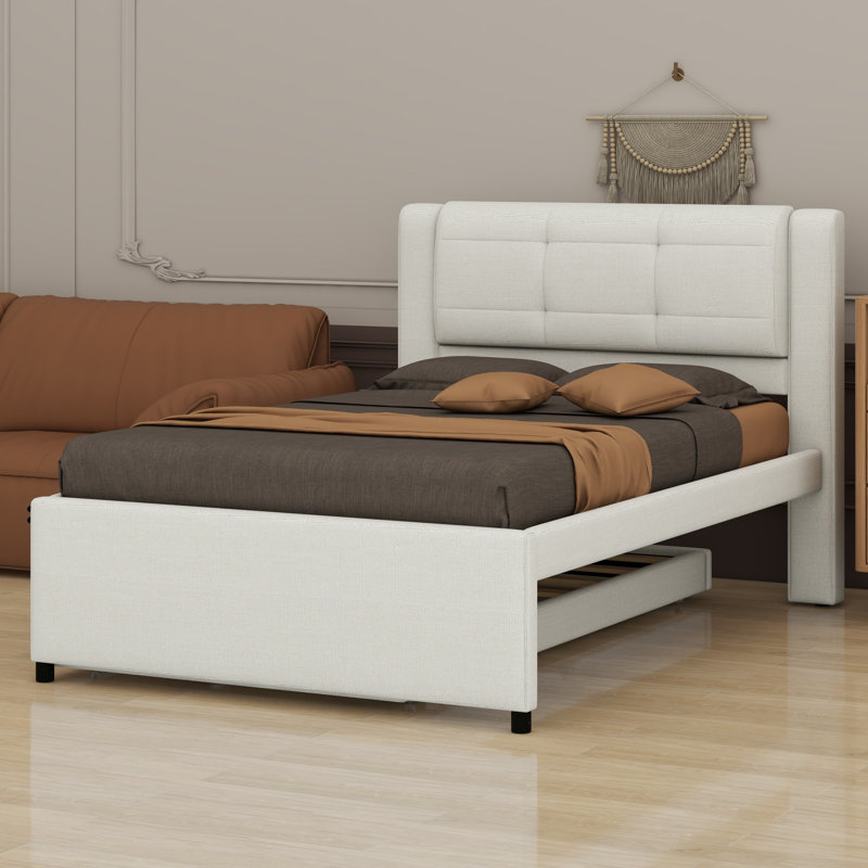 Lit plateforme tapissier avec lit gigogne, lit gigogne pouvant être plat ou érigé, Beige