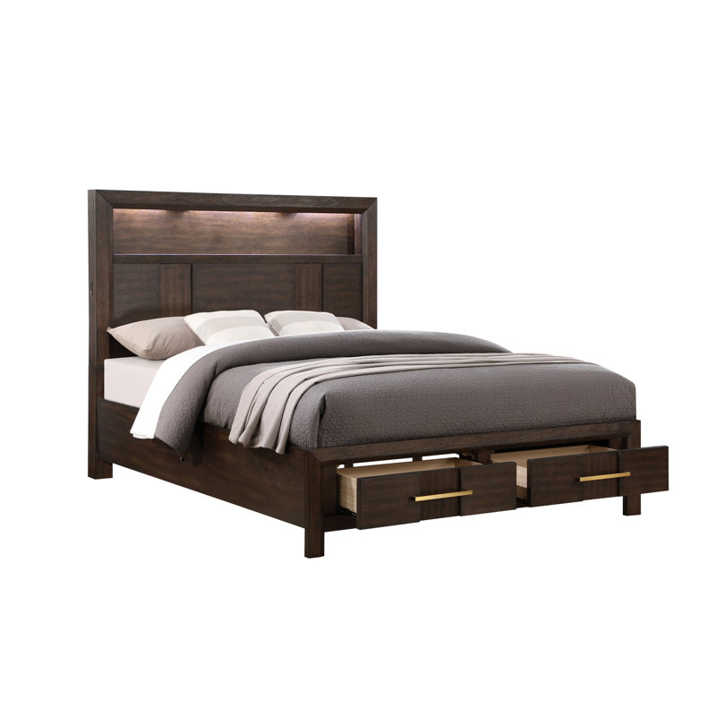 Grand lit contemporain en bois avec éclairage à DEL et espaces de rangement pratiques élégants, tête de lit spacieuse