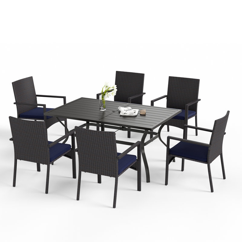 6 - Person Steel Patio Dining Set Umbrella Hole Included Rectangular Table with Cushions Included