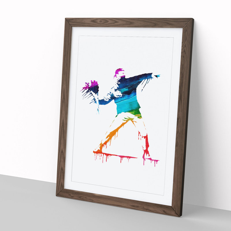 Banksy Flower Thrower - Framed Print, 90cm H x 65cm W x 2cm D, Walnut