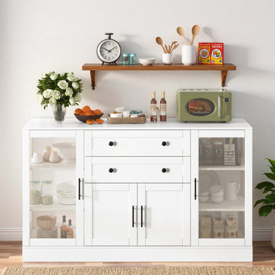 Buffet moderne avec 4 portes, 2 tiroirs, tablettes réglables, prise de courant, panneaux en acrylique et poignées en alliage d'aluminium