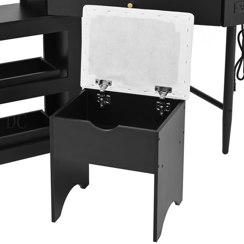 Corner Vanity Desk Set With Storage Cushioned Stool And Charging Station, Triangle Makeup Desk With Removable Pull-Out Side Cabinet, Glass Tabletop Makeup Vanity Desk With Drawer And Shelf