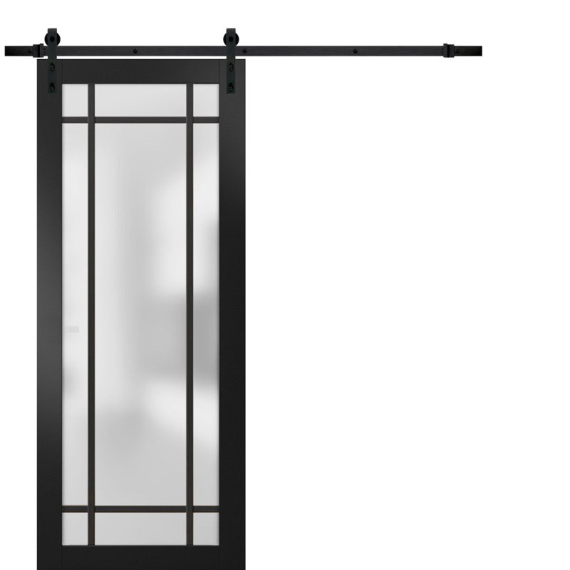 Sturdy Barn Door Frosted Tempered Glass Planum 2112 Matte Black 6.6FT Black Rail Hangers Heavy Hardware Set Modern Solid Panel Interior Doors -36" x 96"-Black Rail