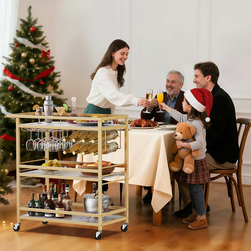 3-Tier Gold Bar Cart with Marbled Shelves - For Kitchen & Dining Room