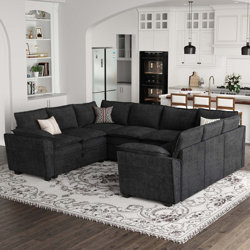 Large Chenille U-Shaped Storage Sectional Sofa King Pull Out Sofa Bed Sleeper Livingroom Bedroom Apartment Corner Couch
