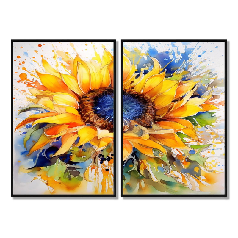 Jaune, bleu, doré, tournesols joyeux - impressions d'art sur toile jaunes, Floater Framed Print without Mat, Black