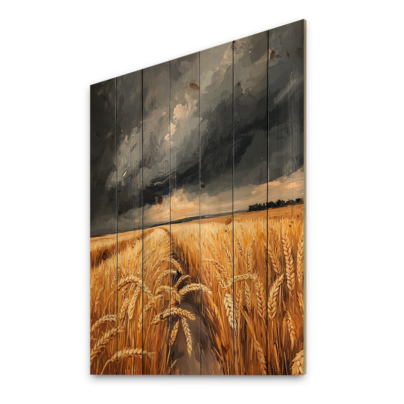 Blé doré de campagne sous les nuages de la tempête III - décoration murale campagne en bois - sur bois de pin naturel