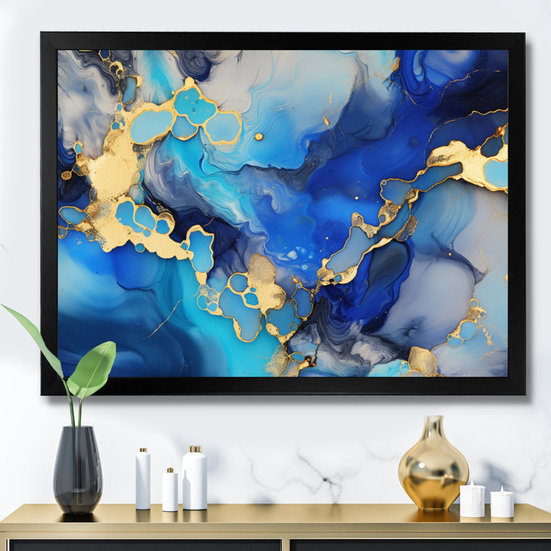 «Blue and Gold Luxury Abstract Fluid Art I», reproduction sur toile, H 12 po x l 20 po x P 1 po, Cadre photo noir