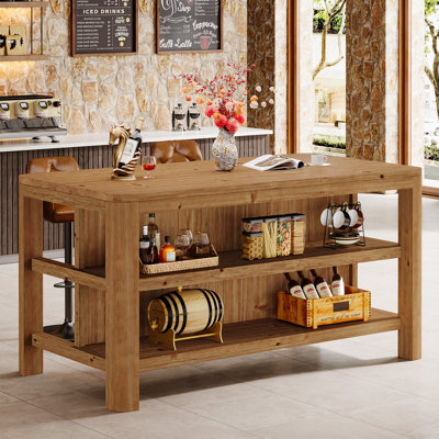 Table de bar en bois massif de 63 pouces de long avec tablettes de rangement, table de pub à hauteur de comptoir Farmhouse Home pour cuisine, salle à manger