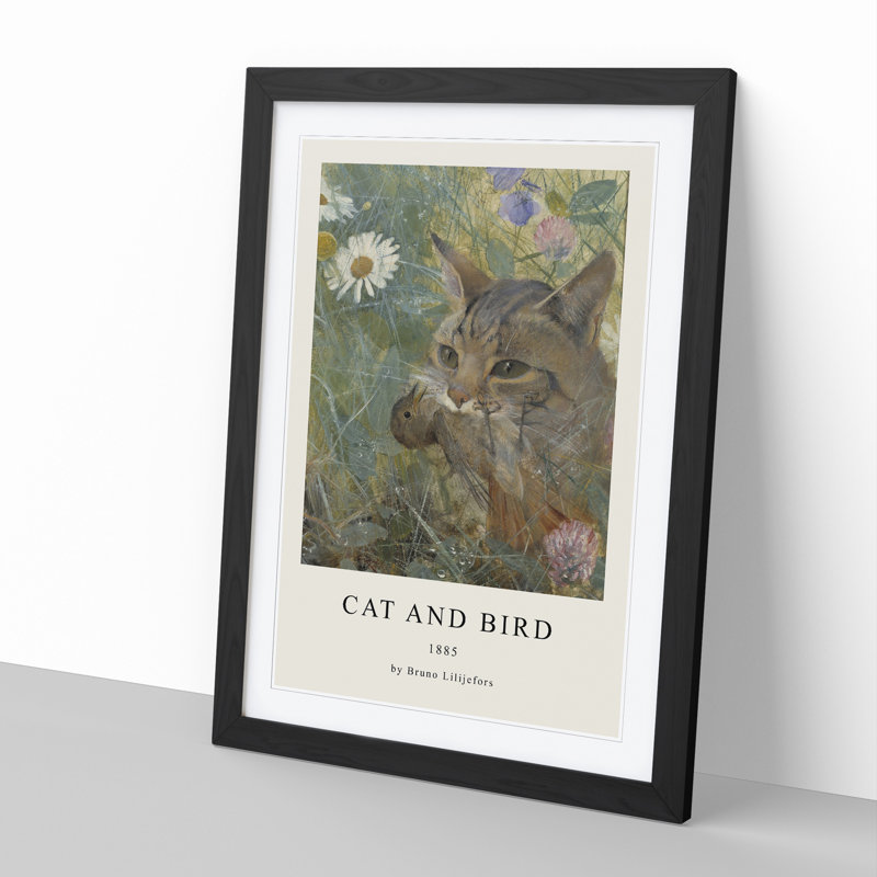 A Cat with a Bird in Its Mouth by Bruno Liljefors - Picture Frame Painting, 36cm H x 27cm W x 2cm D, Black Framed
