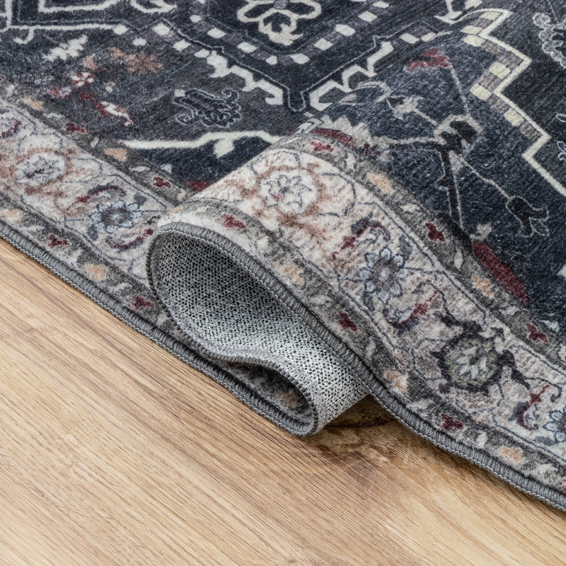 Tapis antidérapant Sersi Ornate, Gris anthracite / ivoire, Rectangle 9' x 12'