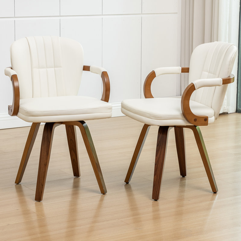 Chaises de salle à manger pivotantes Mid-Century rembourrées en cuir avec accoudoirs, Blanc