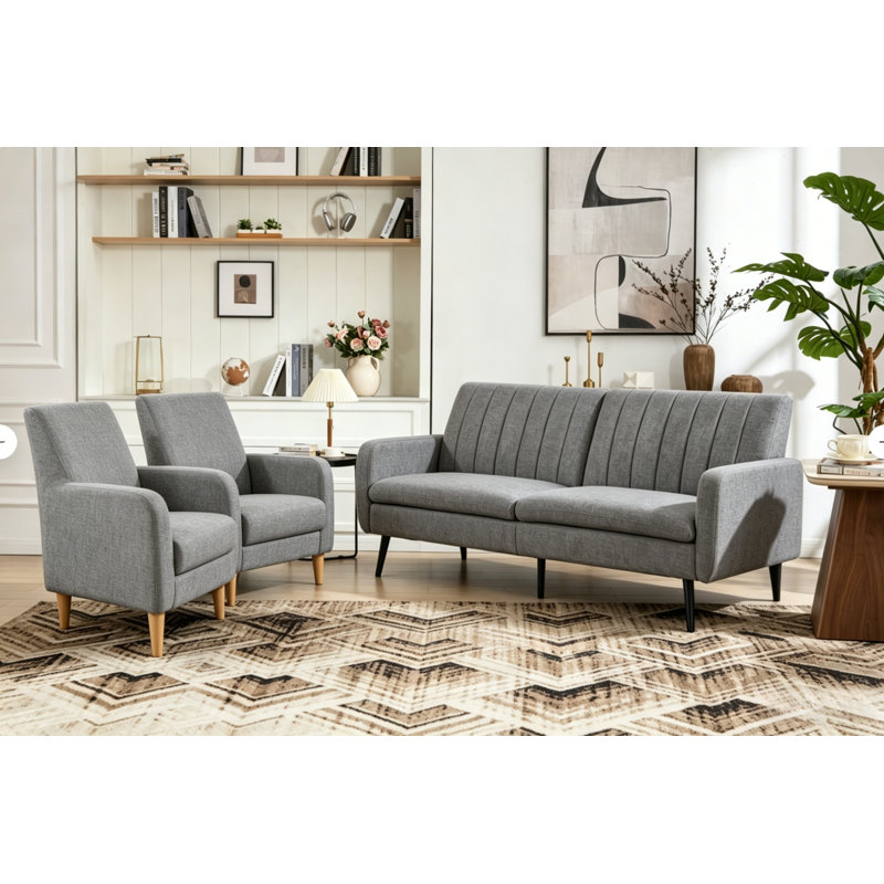 Modern Upholstered Living Room Set With Wooden Legs & Convertible Backrest, Light Grey, 3 Pcs: Sofa, 2 Chairs