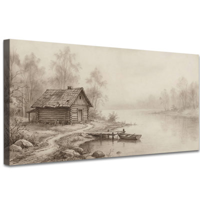 Art mural rétro vintage, toile de style rustique neutre pour salon et chambre à coucher, chalet serein par Lake