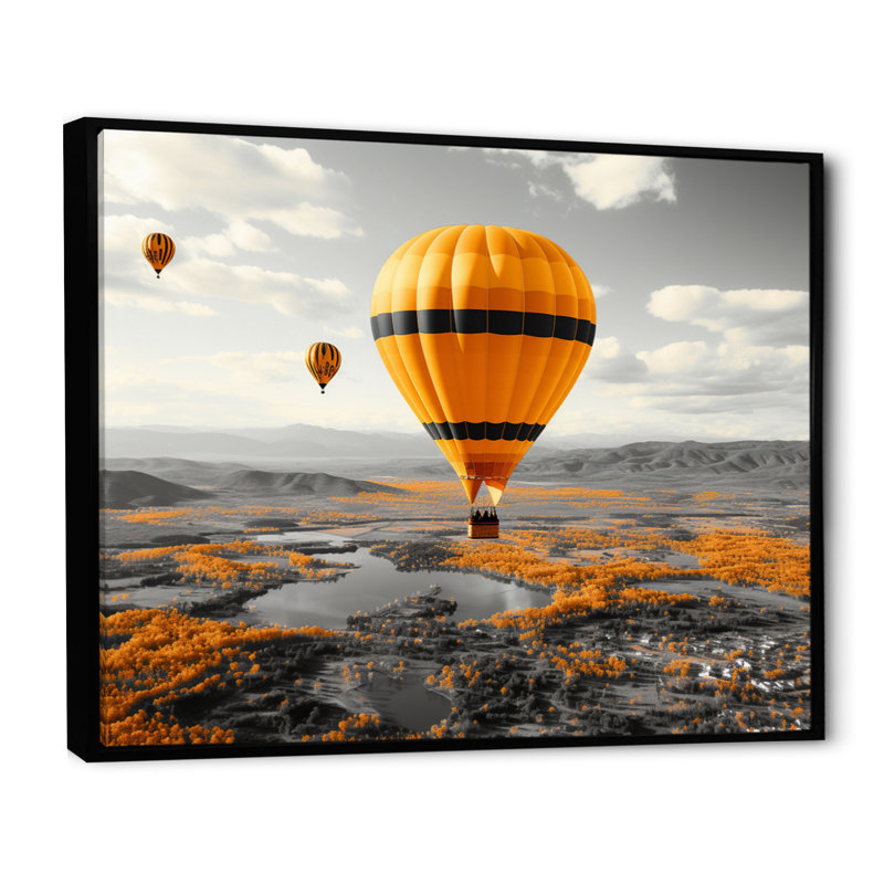 «Yellow Hot Air Ballons Scenery I», impression d'art sur montgolfière, Cadre flottant noir, H 16 po x l 32 po x P 1 po