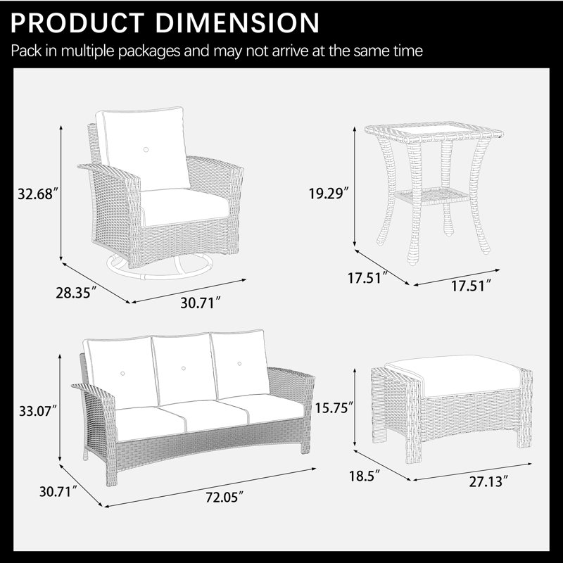 Lark Manor™ 6 Piece Wicker Patio Furniture Set, Classis Outdoor Conversation 360 Degree Swivel Chairs Set with Coffee Table