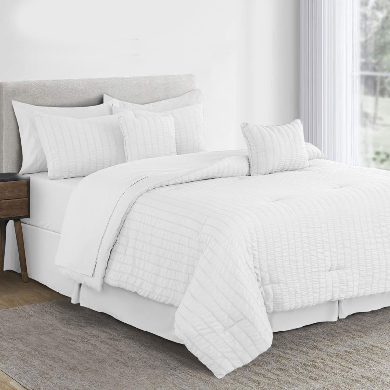 10 Pcs MF Comforter Set Bed in a Bag for All Seasons Seersucker Lightweight Comforter Set with Sheets, White