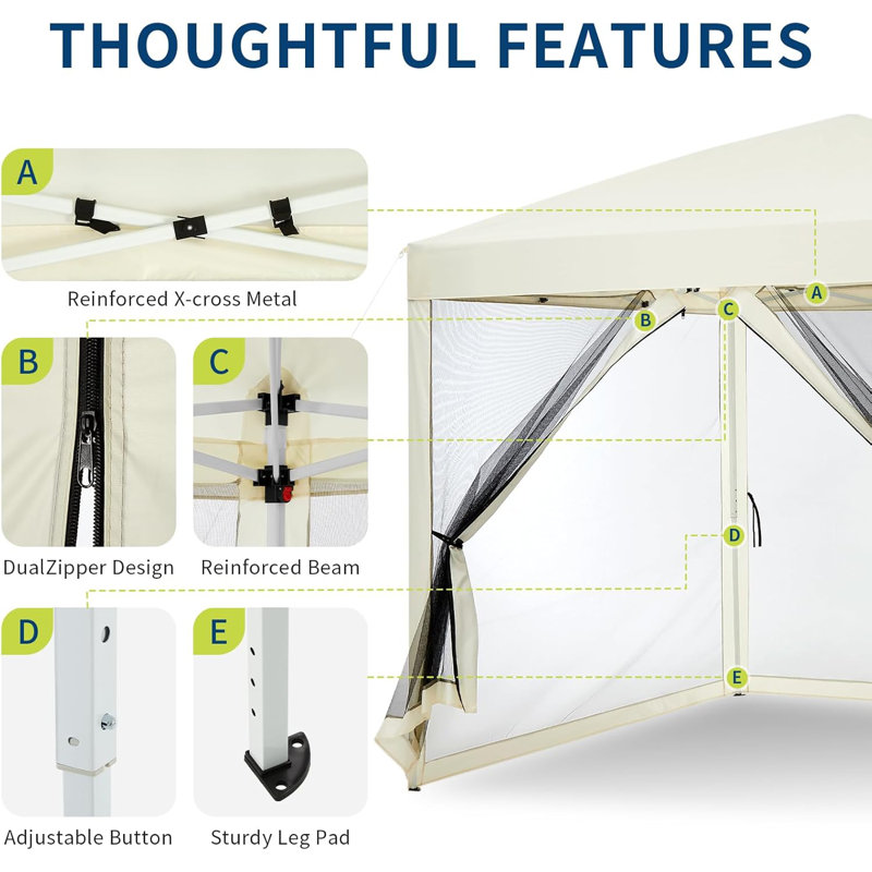 Auvent instantané avec moustiquaire amovible, 2 portes à fermeture à glissière, H 96 po x l 120 po x P 120 po, Blanc