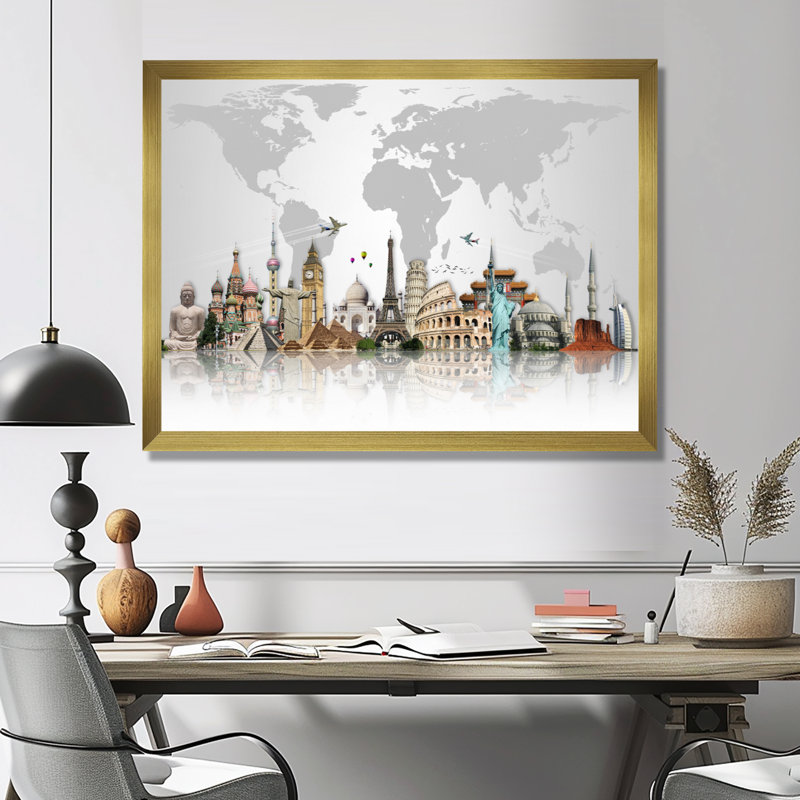 « Famous Monuments Across World », reproduction d'art graphique, H 24 po x l 32 po, Impression encadrée, Or