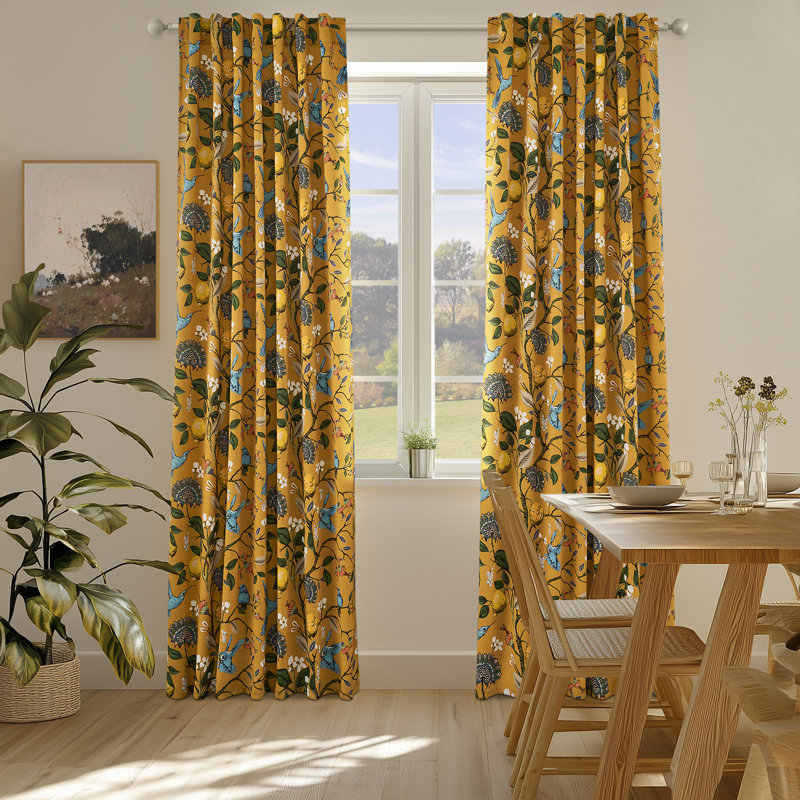 Fancy Hummingbird Patterned  Room Darkening Curtain,Rod Pocket Back Tab Floral Drapes,Set of 2, 52" W x 96" L, Mustard Yellow