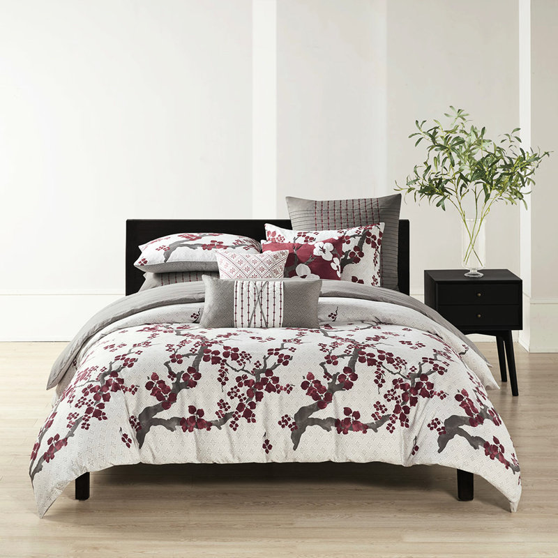 Housse de couette pour très grand lit et taie décorative - coton, motif à losanges, motif de branches de cerisier en fleurs 100% coton élégant, imprimé floral, boutonné, sans insert