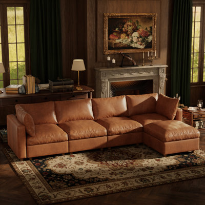 128" Leather Upholstered Sectional Sofa with Hidden Storage