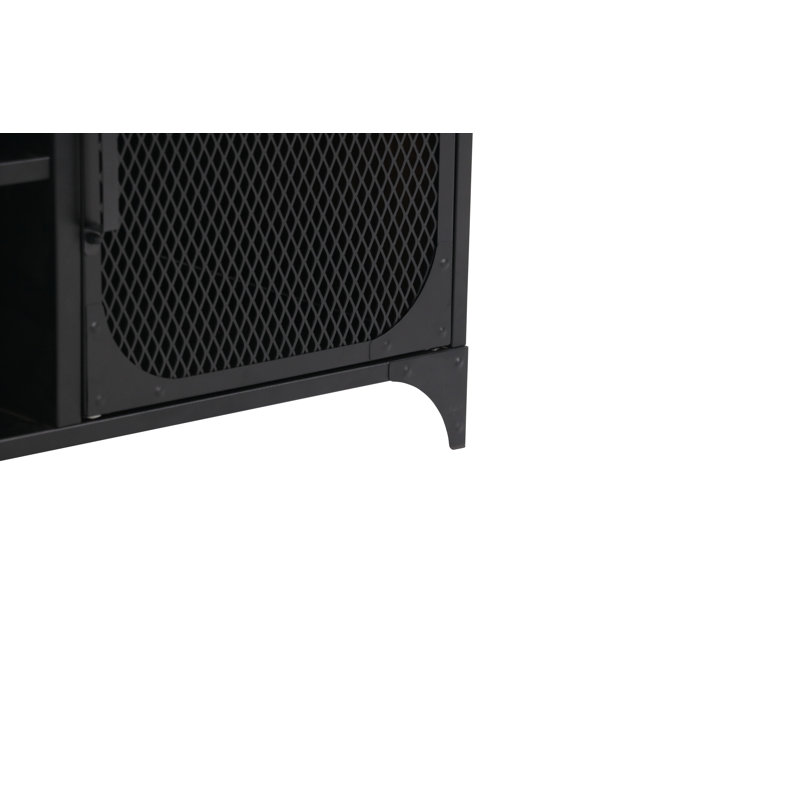 Black Steel and Wood 2-Door TV Cabinet with Mesh Panels