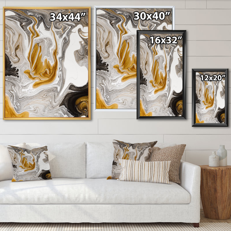 Vague de marbre doré et noir V - peinture sur toile, H 32 po x l 16 po x P 1 po, Cadre flottant noir