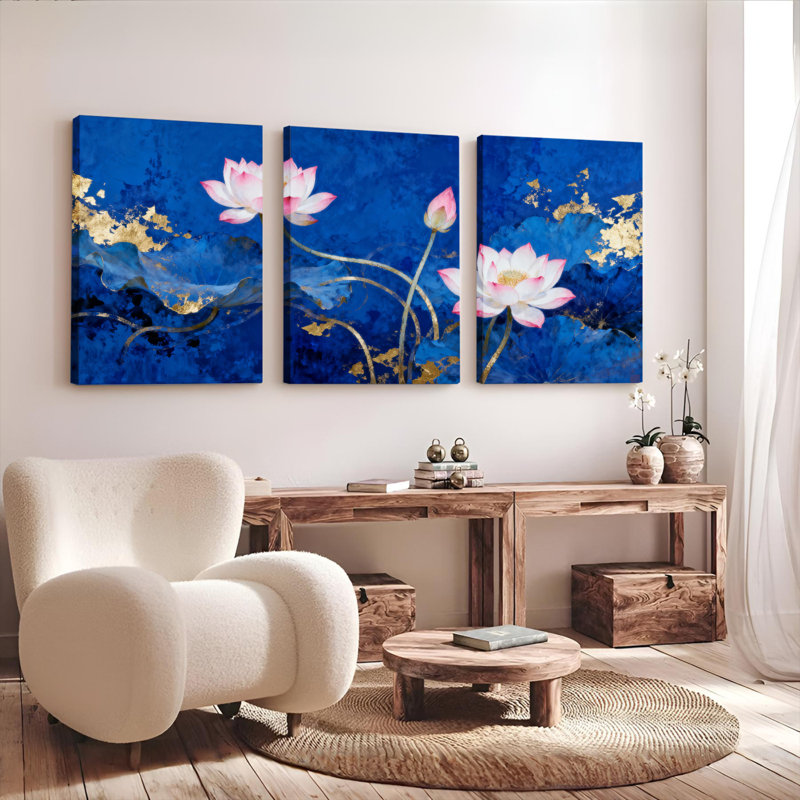 Ensemble de 3 toiles murales à motif de fleurs de lotus, H 18 po x l 36 po