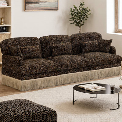 100" Comfy Leopard Print Chenille 3-Seater Sofa with Delicate Tassel Trim, Modern Modular Sectional Couch, Deep Seat & Ergonomic Back Design, Easy Assembly for Living Room