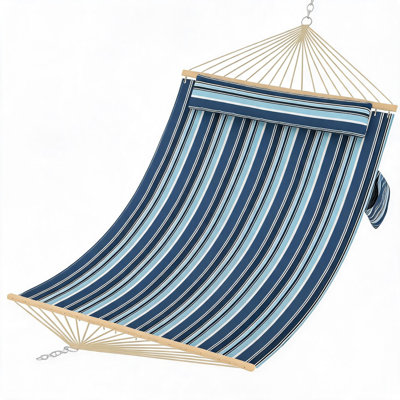 Double Quilted Hammock for 2 Adults – 350cm Large Outdoor Garden Swing Bed with Hardwood Spreader Bars, Detachable Pillow, 450lbs Capacity, Weather-Resistant, Ideal for Patio, Backyard